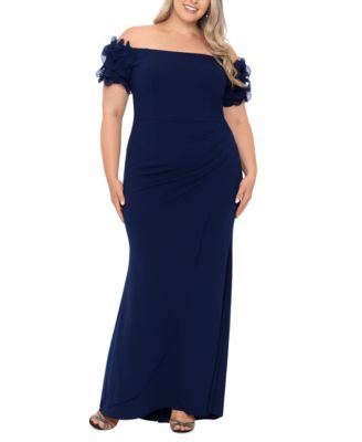 High quality XSCAPE Women's Formal Dress Size 6 Blue Crepe Off the Shoulder Evening Gown