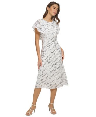 DKNY - Women's Polka Dot Flutter-Sleeve Lace-Up Midi Dress
