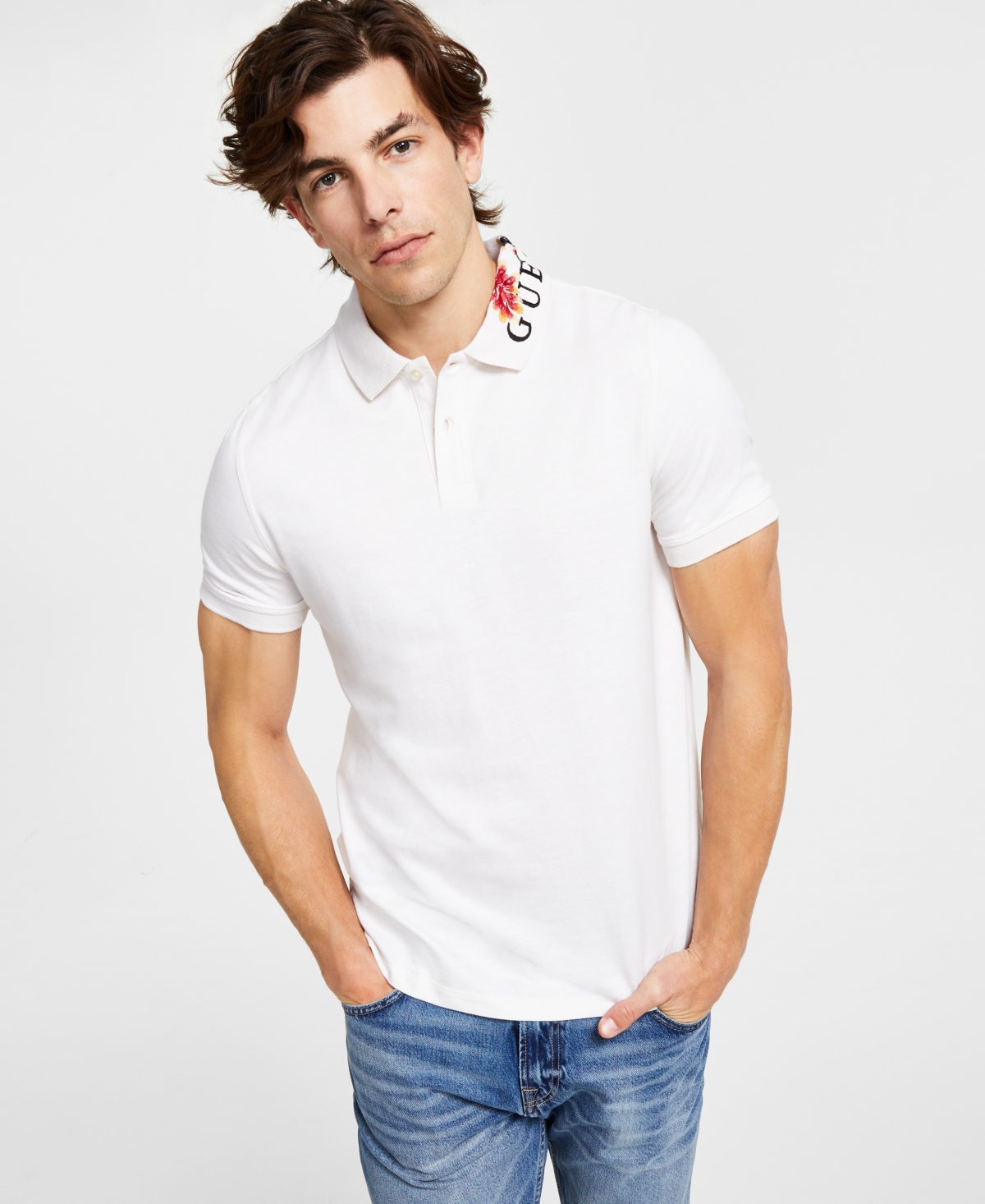 Guess Men's Embroidered Floral Short-sleeve Polo Shirt In Modular Ice