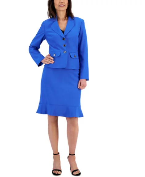 Three-Button Jacket & Flounce-Hem Skirt Set, Regular & Petite - Cornflower