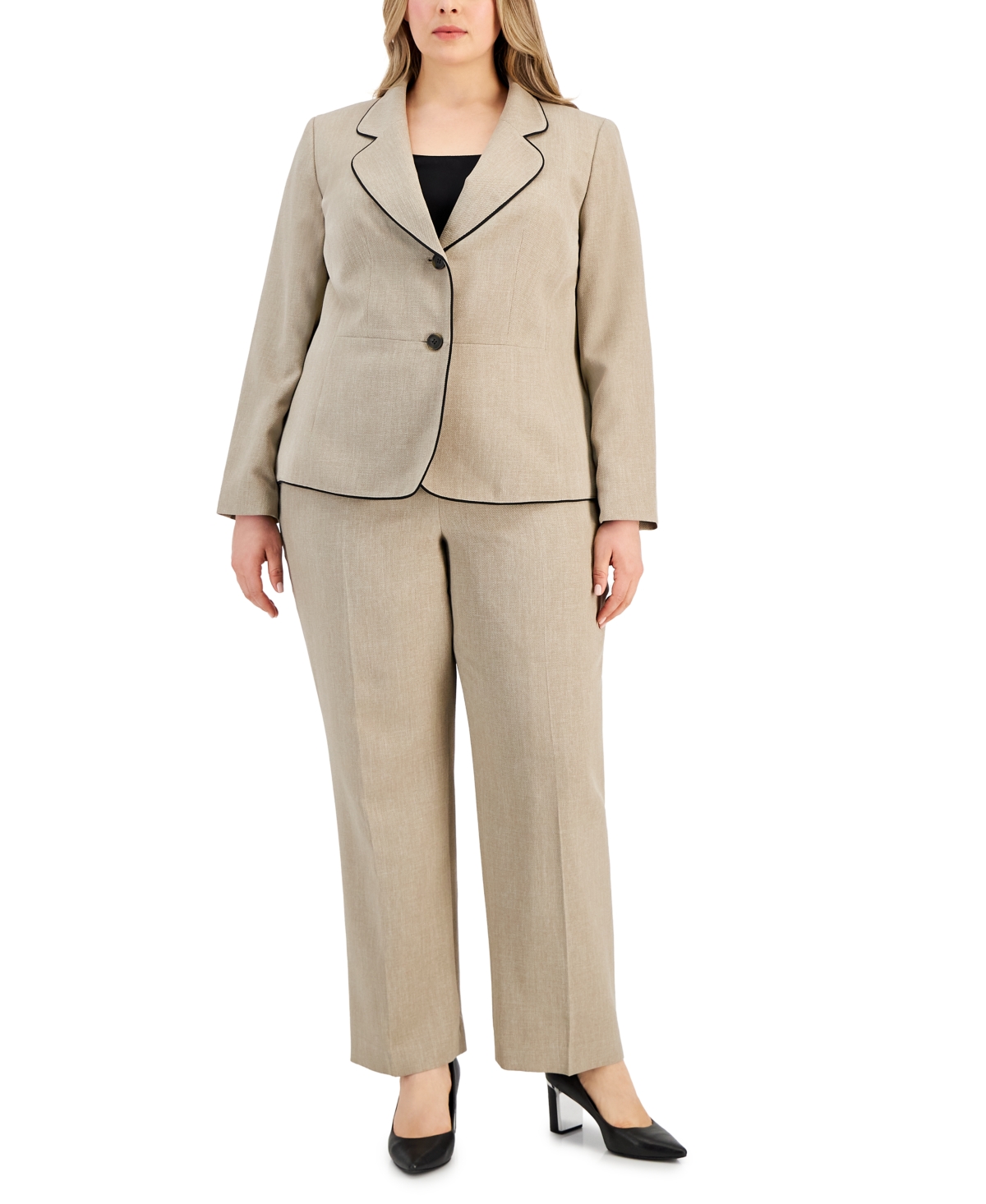 Le Suit Women's Framed Twill Two-button Pantsuit, Regular And Petite Sizes In Desert,black