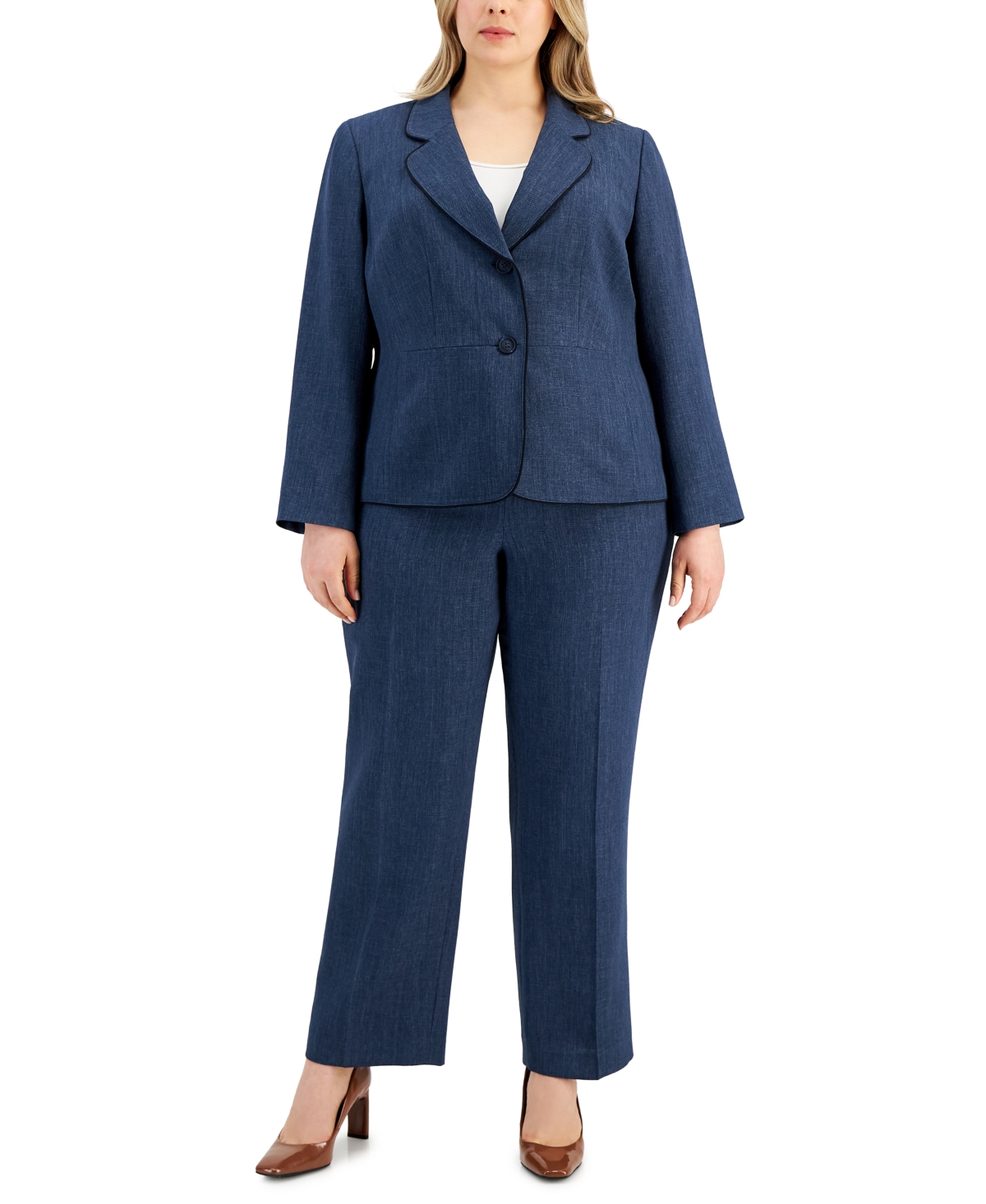 Le Suit Plus Size Framed Twill Two-button Pantsuit In Denim,black