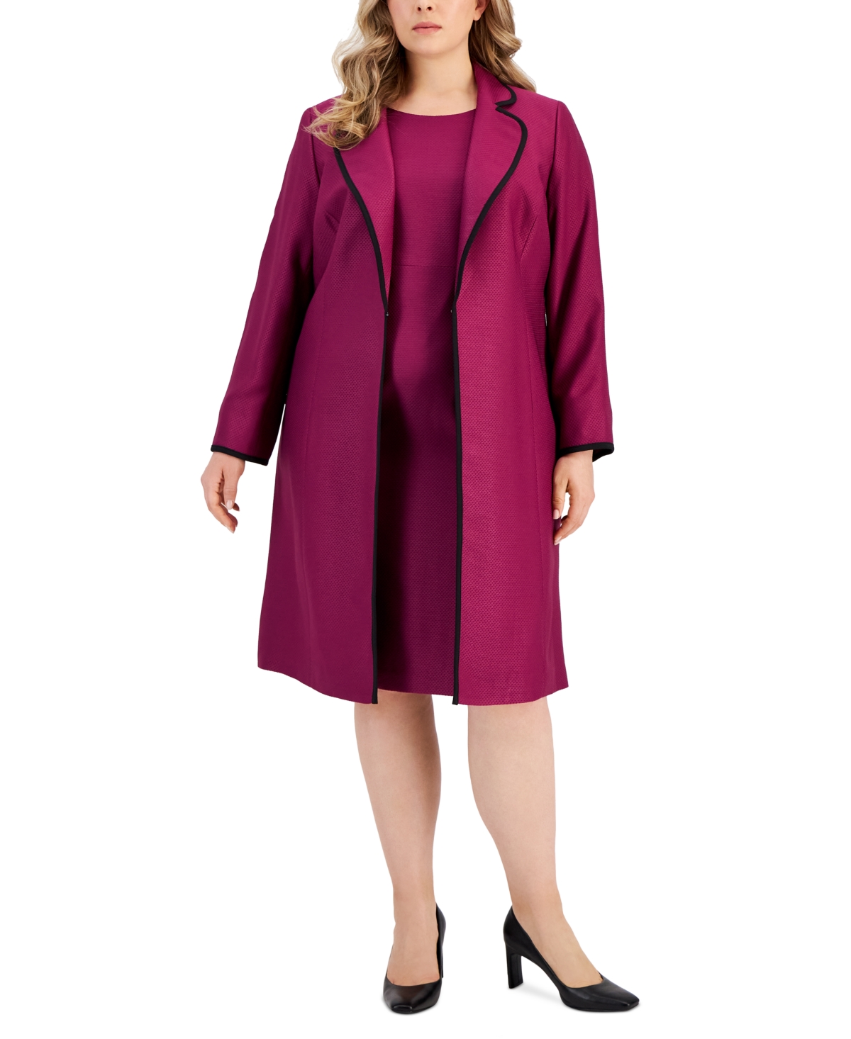 Plus Size Jacquard Sheath Dress Suit - Wild Rose/Black