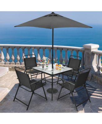 6PCS Patio Furniture Dining Set Folding Chairs Glass Table W/Umbrella Deck