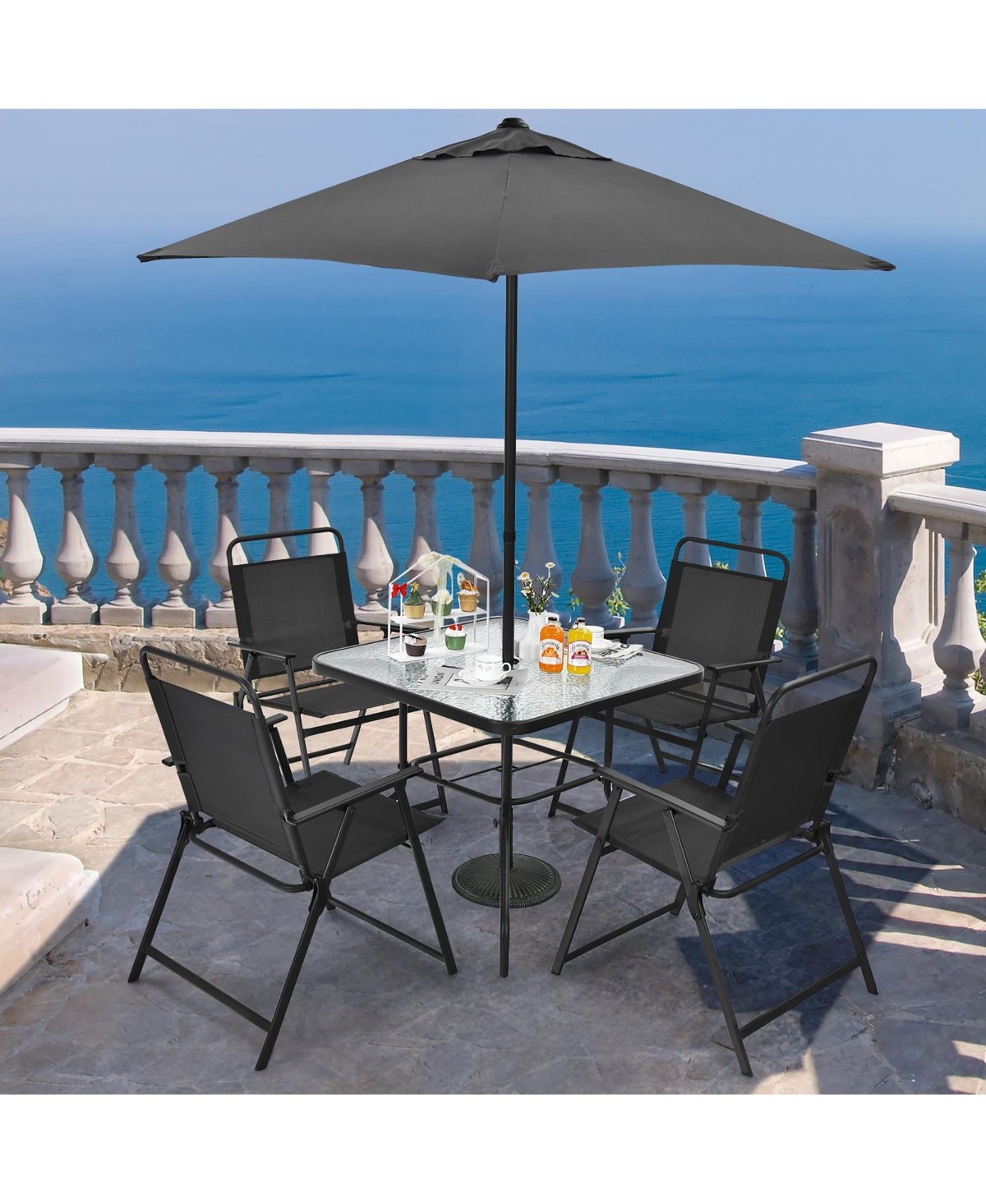 6PCS Patio Furniture Dining Set Folding Chairs Glass Table W/Umbrella Deck