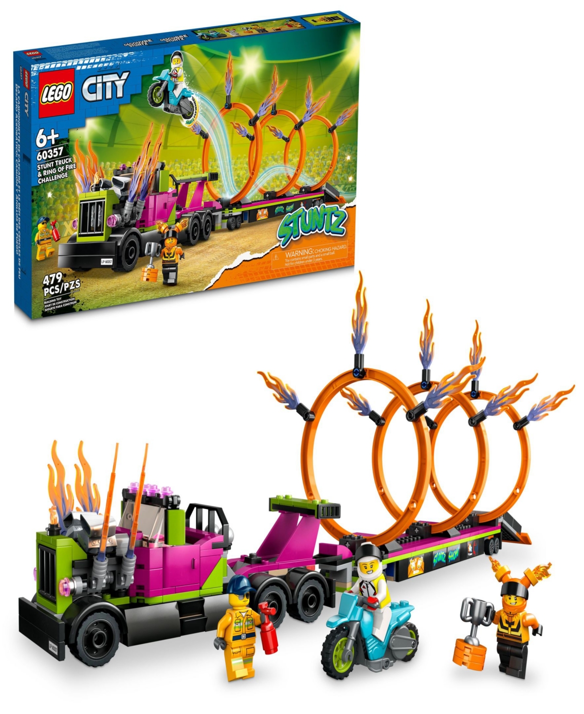 Lego City Stunt Truck Ring Of Fire Challenge 60357 Building Toy Set, 479 Pieces In Multicolor