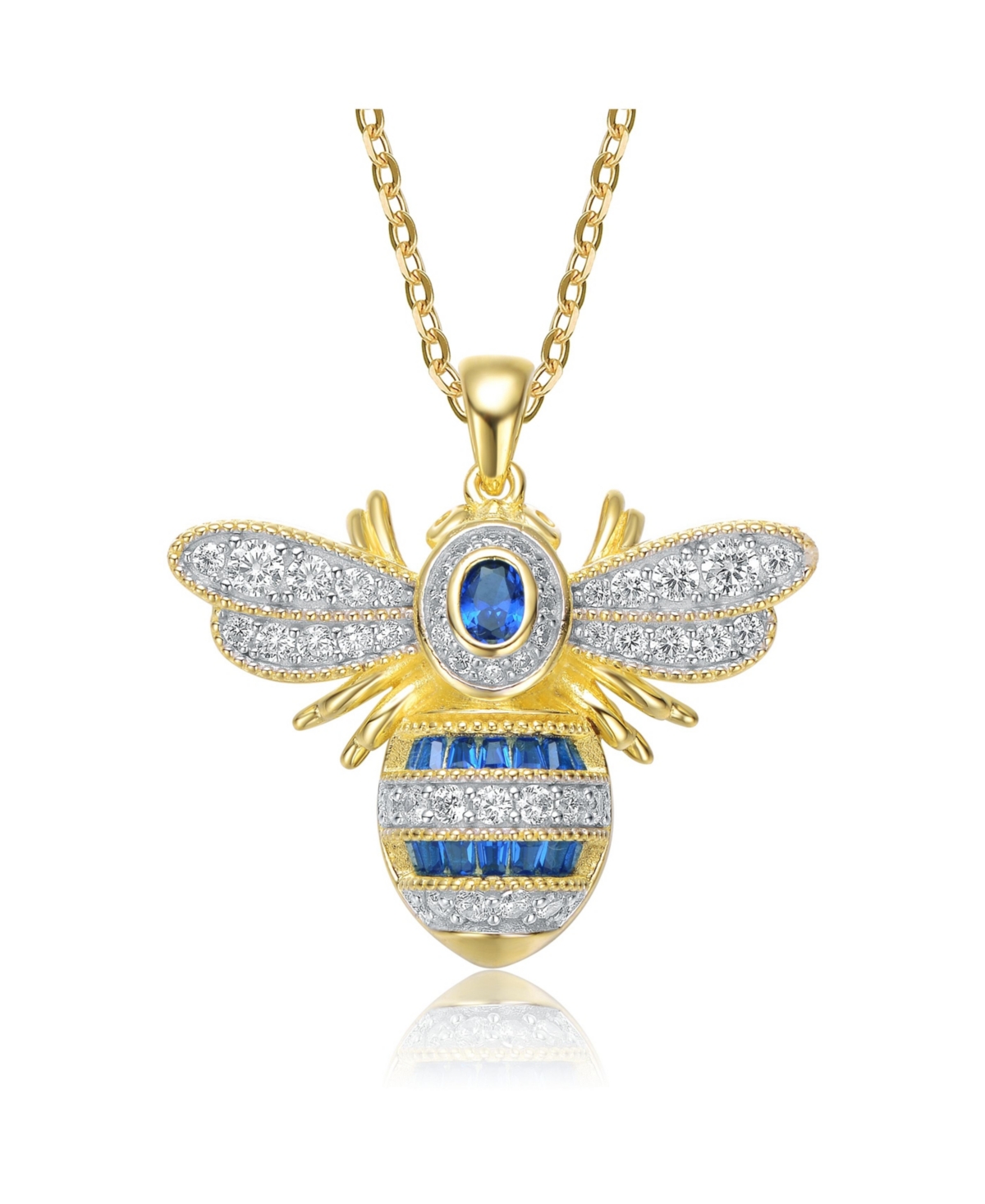 Sterling Silver 14k Yellow Gold Plated with Blue Cubic Zirconia Pave Wasp Pendant Necklace - Blue