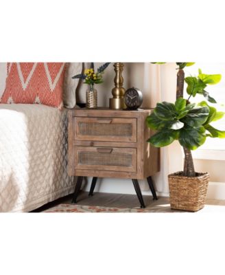 Calida Mid-Century Modern 22.8" Whitewashed Finished Wood and Rattan 2-Drawer Nightstand