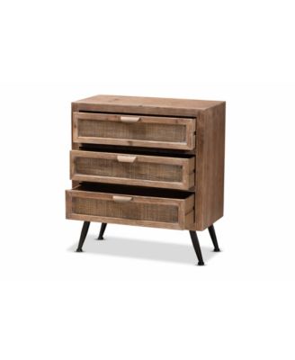 Calida Mid-Century Modern 30.7" Whitewashed Finished Wood and Rattan 3-Drawer Storage Cabinet