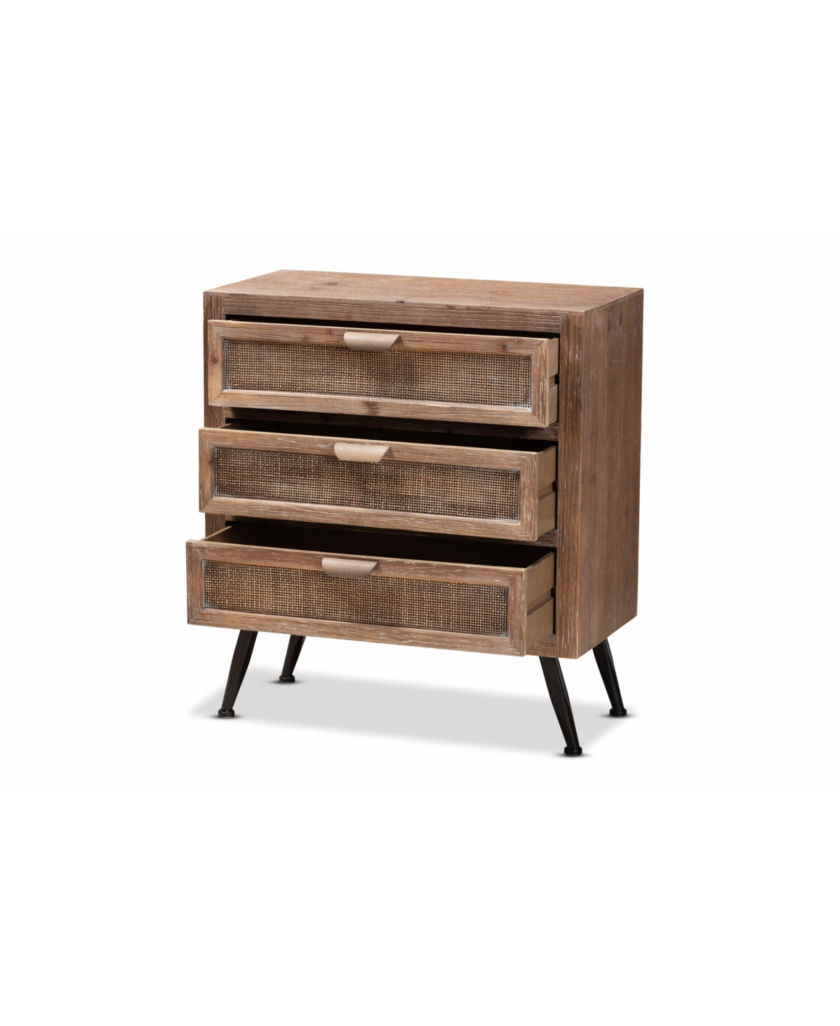 Baxton Studio Calida Mid-century Modern 30.7" Whitewashed Finished Wood And Rattan 3-drawer Storage Cabinet In Natural Brown,black