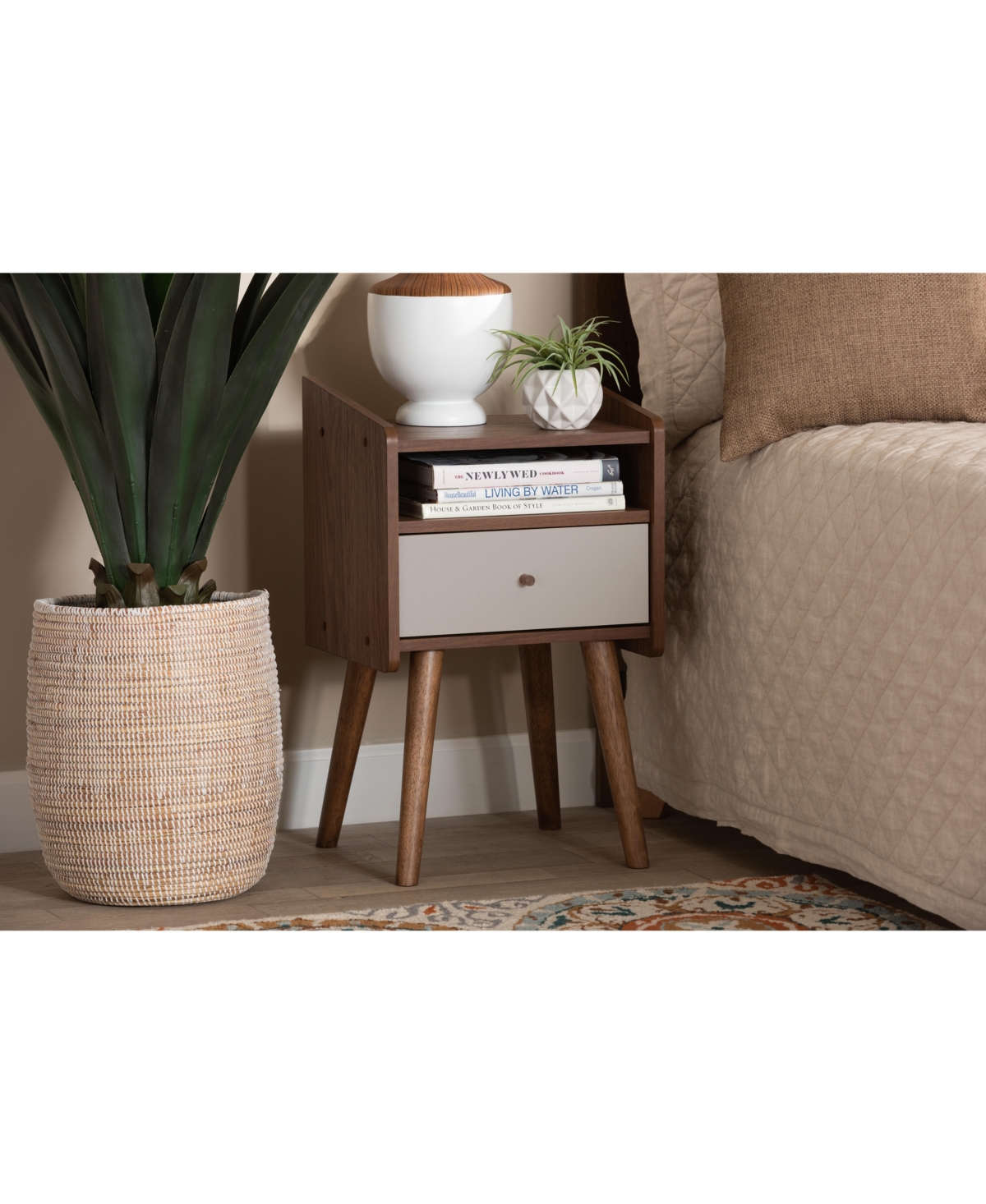 Closeout Baxton Studio Elario Mid-Century Modern Two-Tone and Finished Wood 1-Drawer Nightstand - Walnut Brown