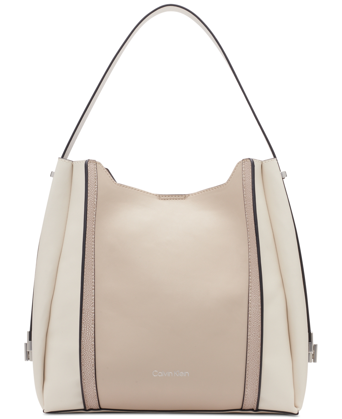 Calvin Klein Sahara Colorblocked Convertible Bucket Bag With Turnlock In Mush/mush/wht