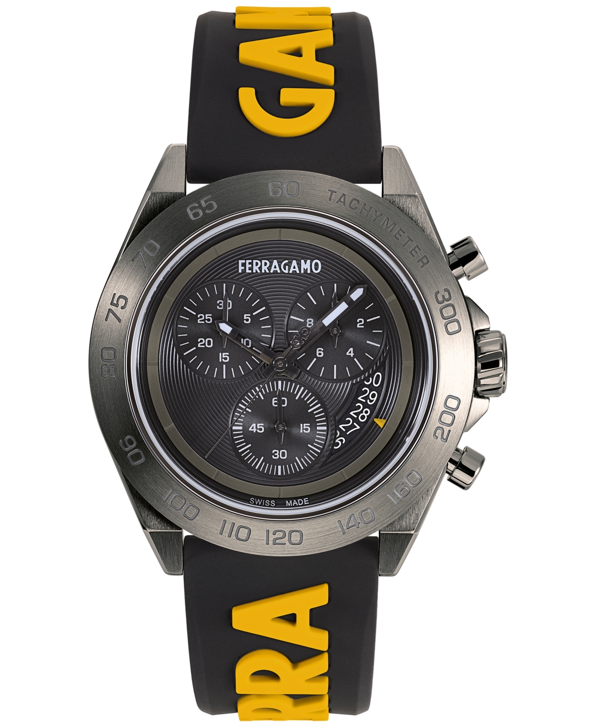 Ferragamo Salvatore  Men's Swiss Chronograph Urban Yellow & Black Silicone Strap Watch 43mm In Ip Gunmetal