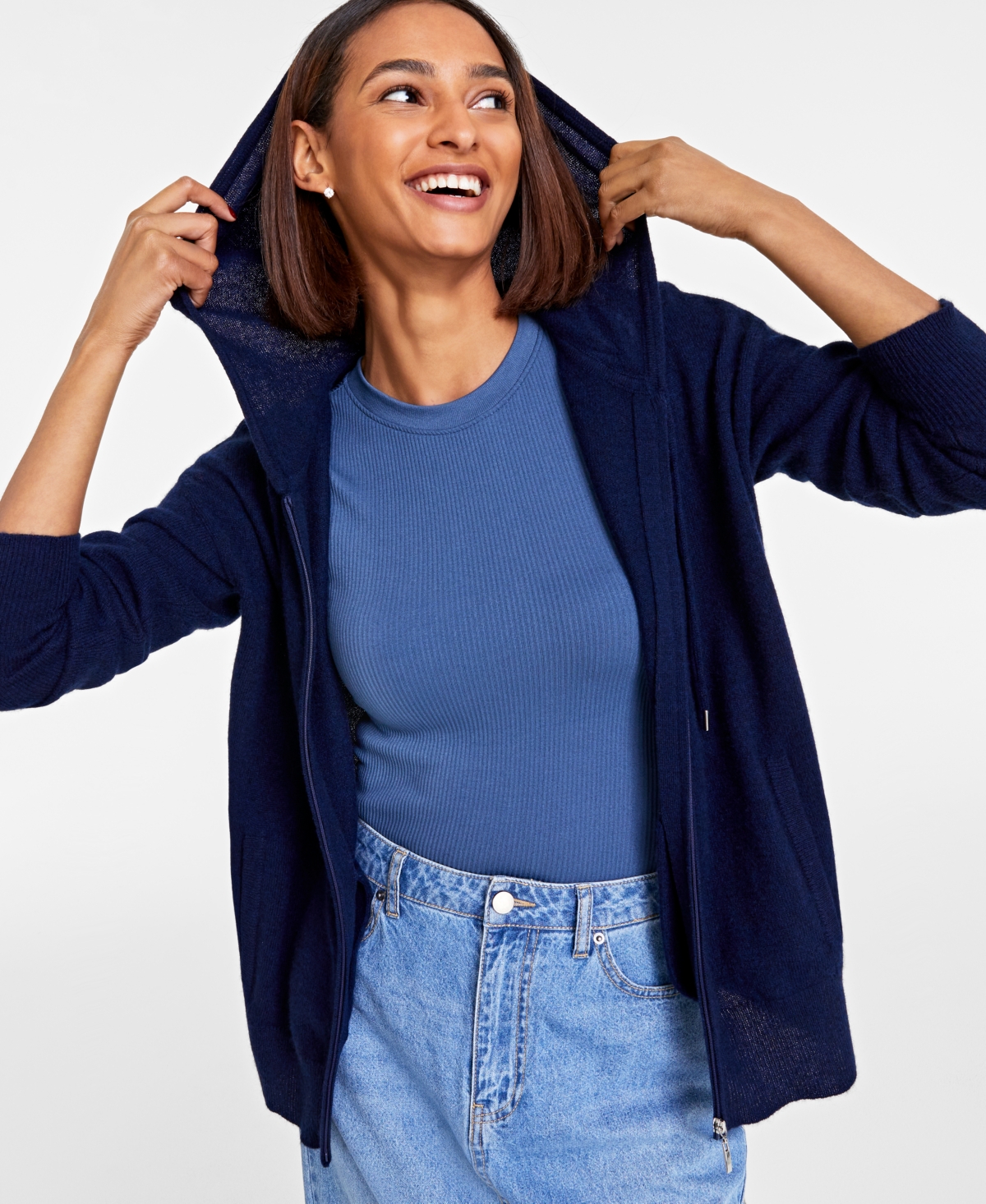Charter Club Womens Zipper Cashmere Zip Hoodie In Admiral Navy
