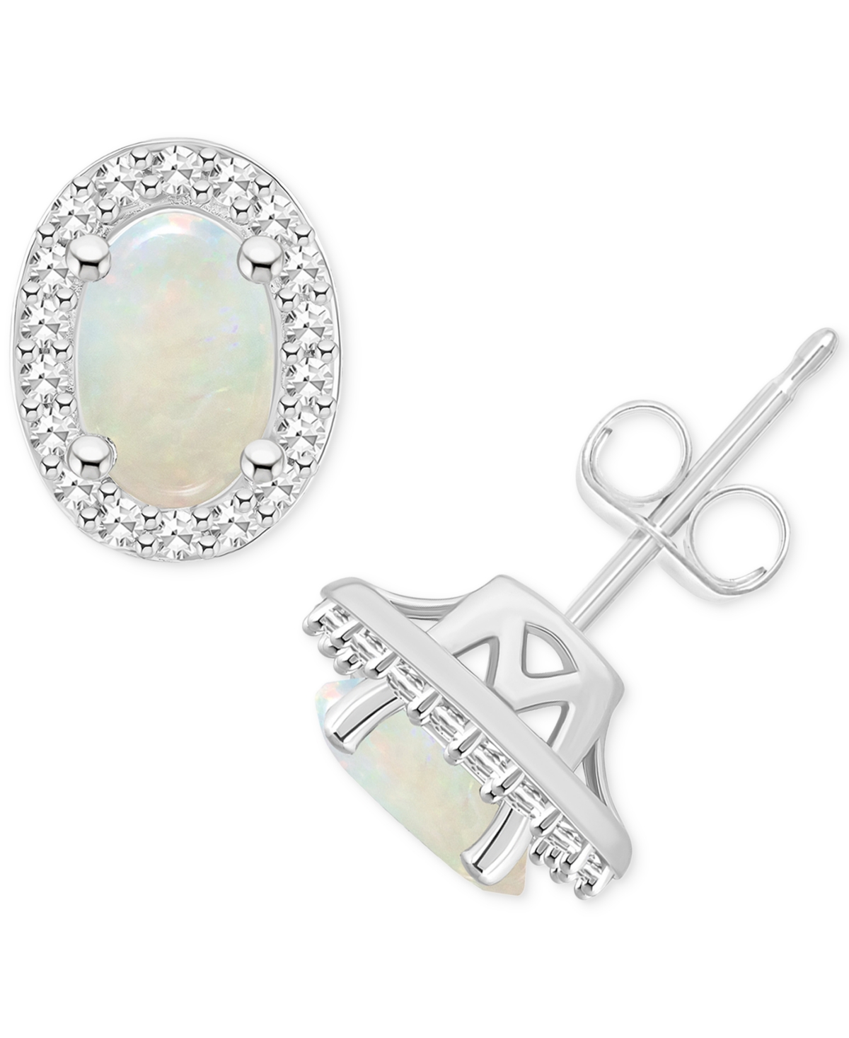 Macy's Aquamarine (3/4 Ct. T.w.) & Diamond (1/6 Ct. T.w.) Oval Halo Stud Earrings In Sterling Silver (also In Opal