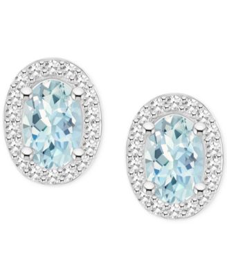Aquamarine (3/4 ct. t.w.) & Diamond (1/6 ct. t.w.) Oval Halo Stud Earrings in Sterling Silver (Also in Opal)