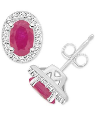 Emerald (1 ct. t.w.) & Diamond (1/6 ct. t.w.) Halo Stud Earrings in Sterling Silver (Also in Ruby & Sapphire)