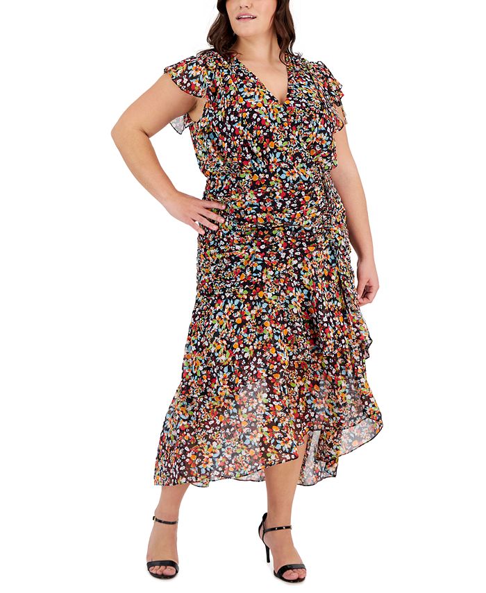 Tahari Plus Size Floral-Print Flutter-Sleeve Ruched Midi Dress - Macy's