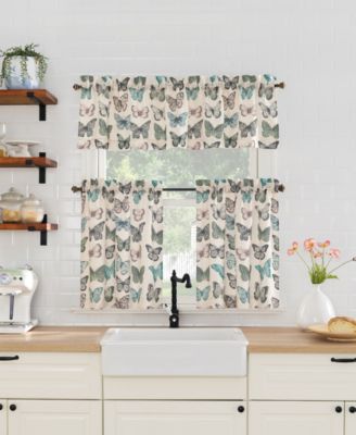 Magdalena Butterfly Print Sheer Rod Pocket Kitchen Curtain Tier Pair