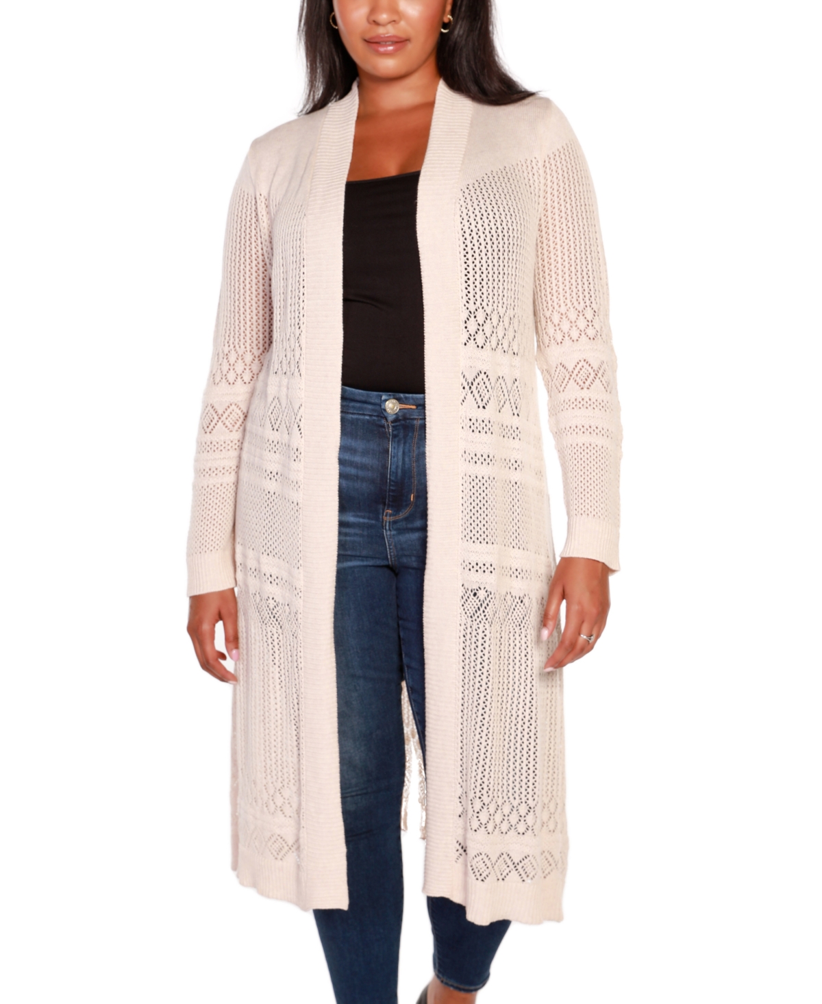 Plus Size Pointelle-Stitch Duster Cardigan - Heather Oatmeal