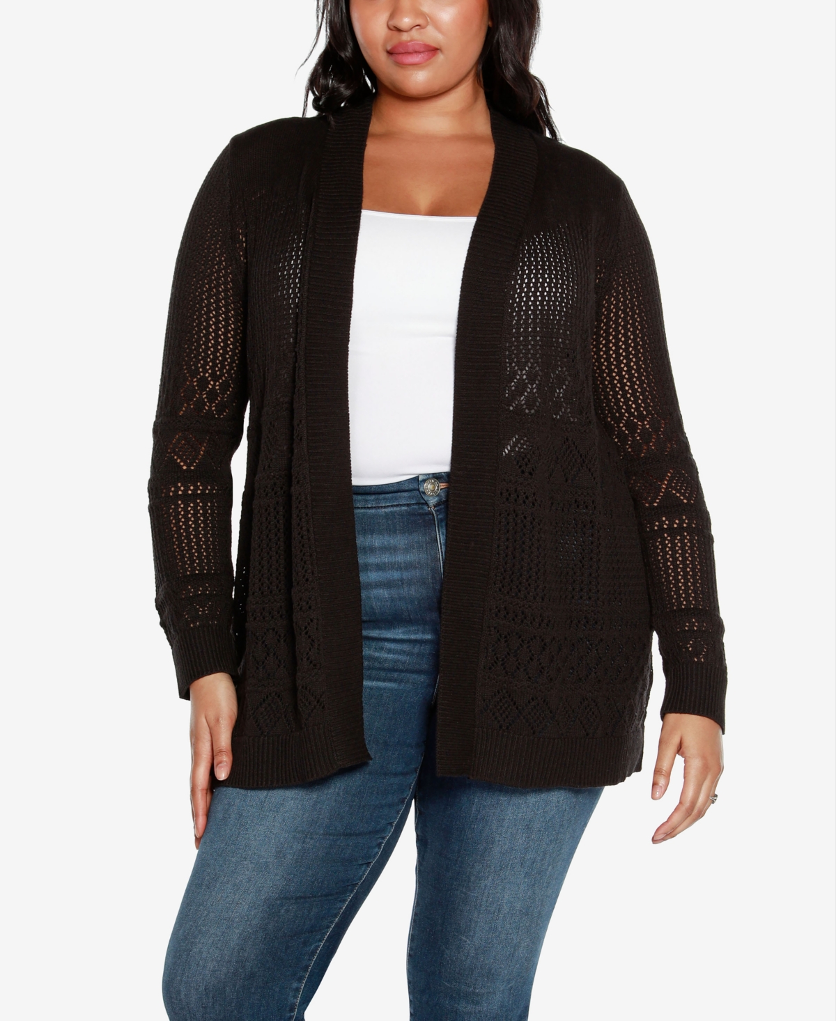 Belldini Plus Size Pointelle Long Sleeves Open Cardigan Sweater In Black