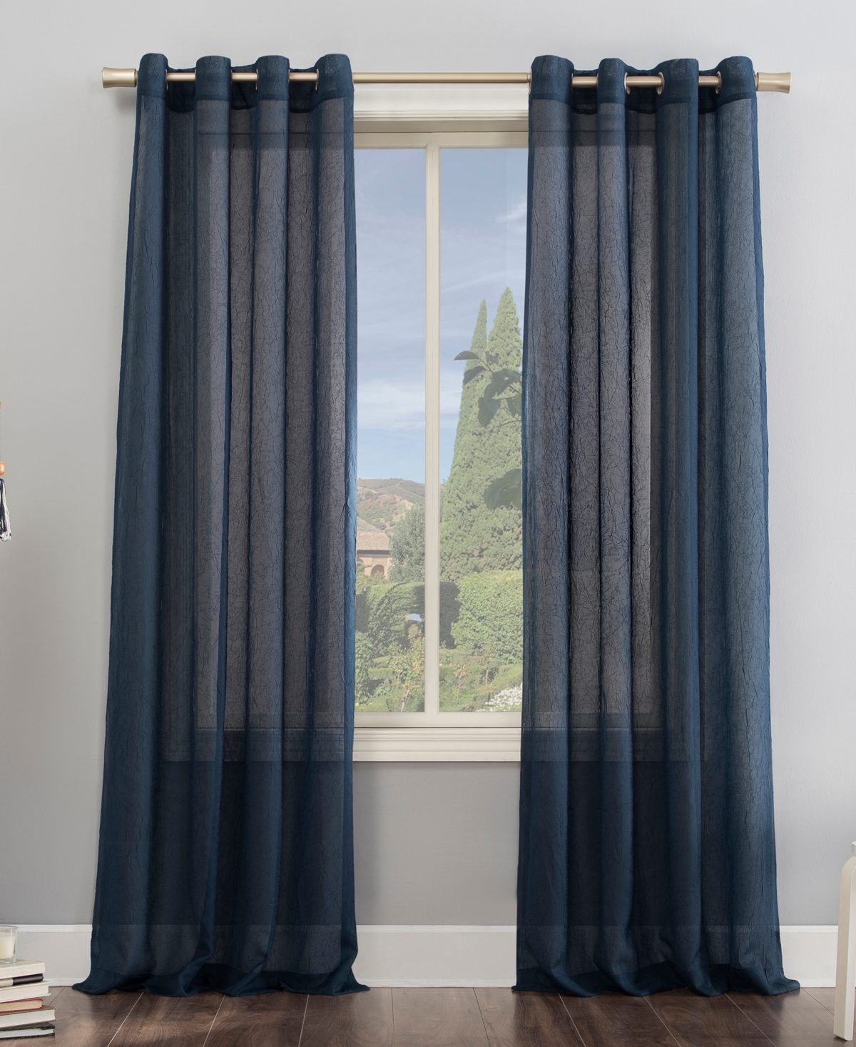 No. 918 Erica Crushed Voile Sheer Grommet Single Curtain Panel, 51" X 63" In Navy