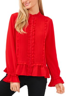 CeCe - Women's Pleated Ruffle-Trim Blouse