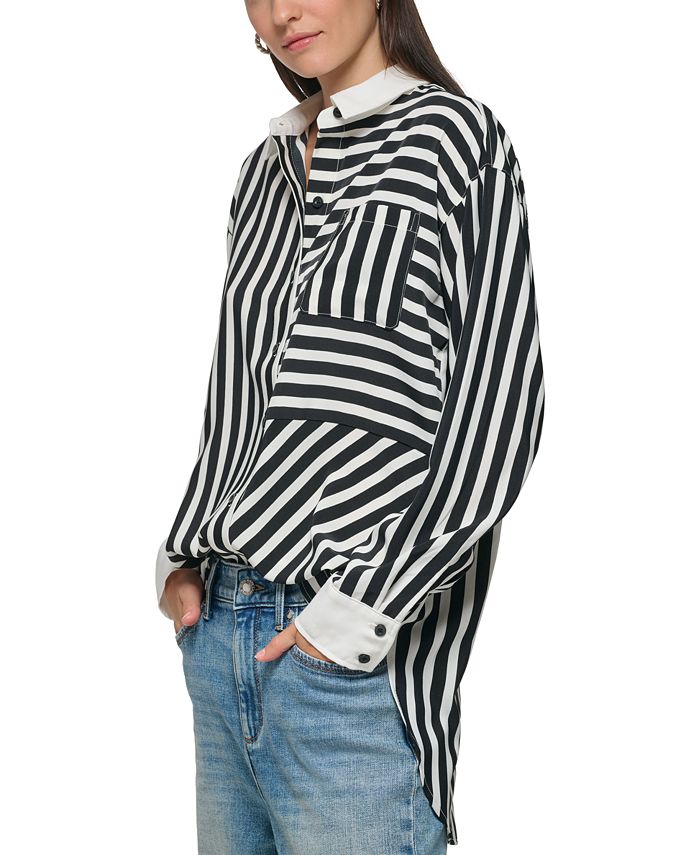 SweatyRocks Women's Long Sleeve T-Shirt Button Front Striped Polo Shirt