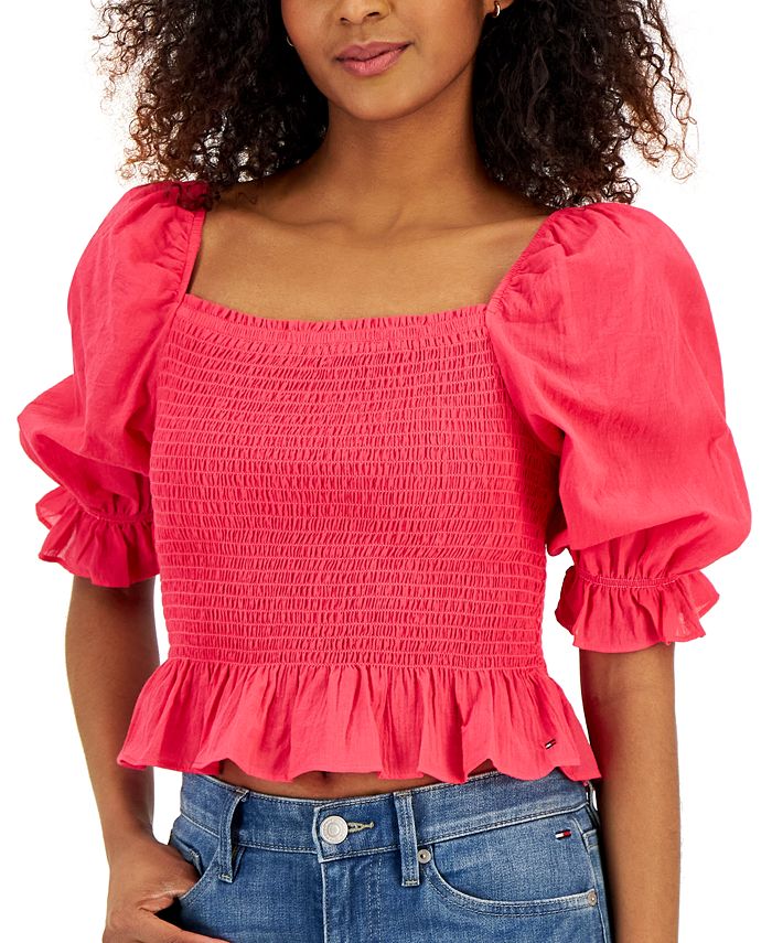 Tommy Hilfiger Women's Cropped Smocked Short Sleeve Top Macy's