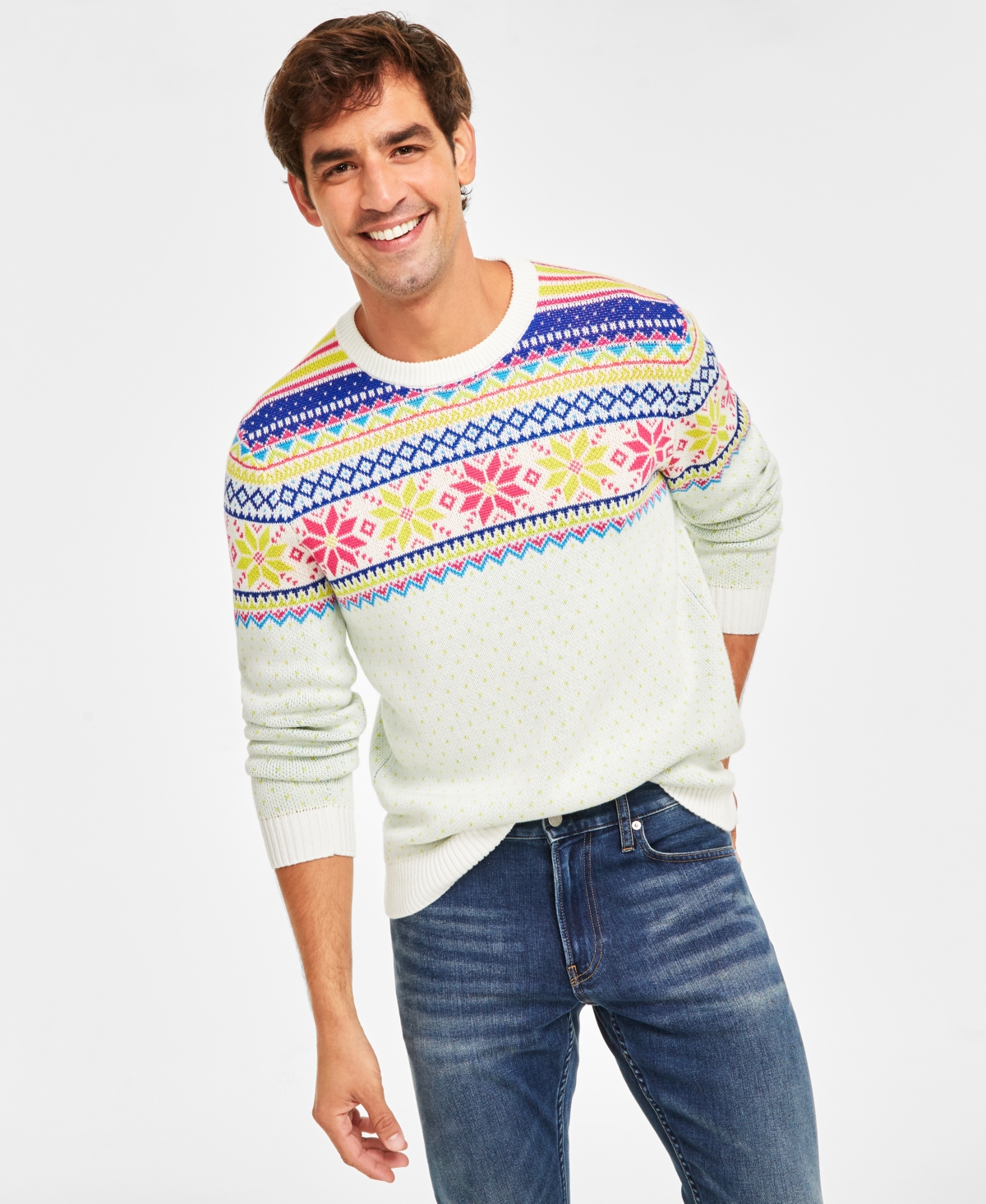 Holiday Lane Men's Multi-Color Fair Isle Sweater, Created for Macy's - Fine Lime Combo
