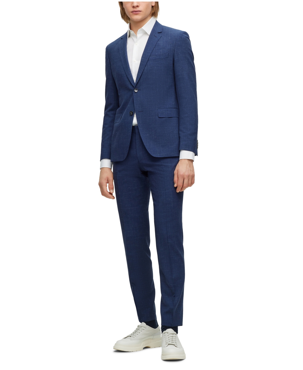 Hugo Boss Extra-slim-fit Suit In Patterned Wool And Linen In Dark Blue