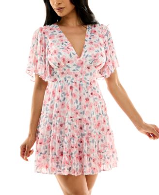 B Darlin - Juniors' Floral-Print Short-Sleeve A-Line Dress