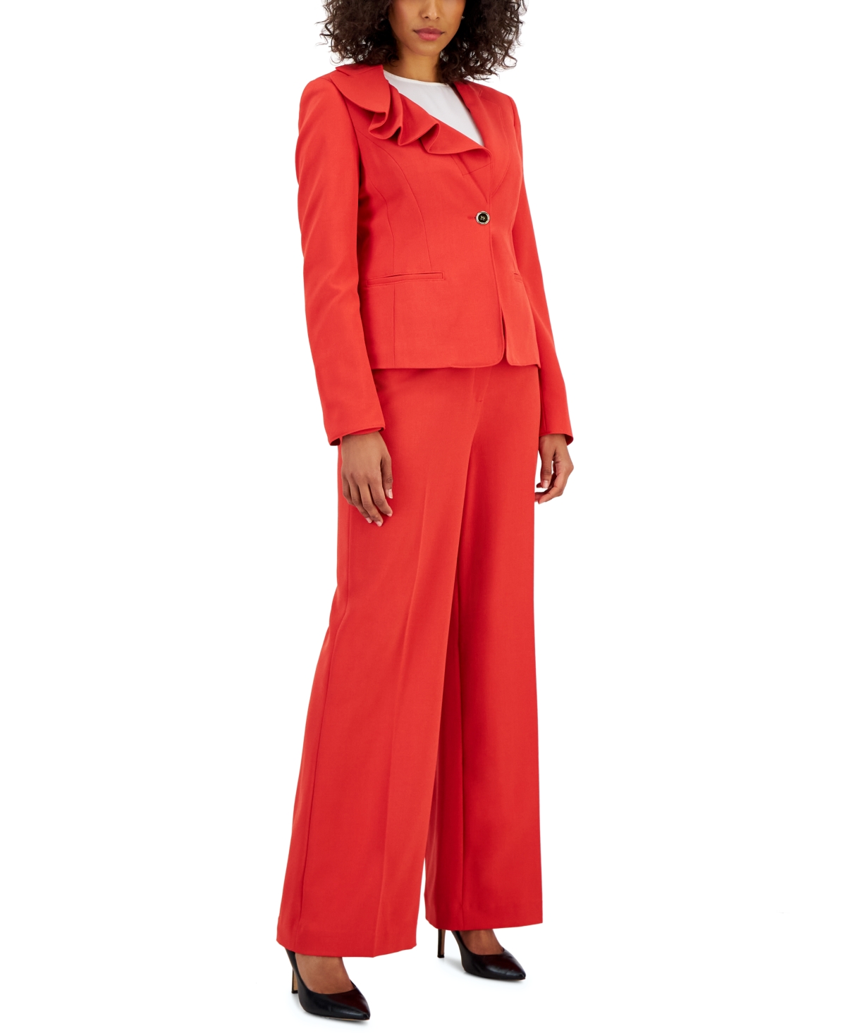 Nipon Boutique Women's Asymmetrical Ruffled One-button Jacket & Wide-leg Pant Suit In Cherry Sprig