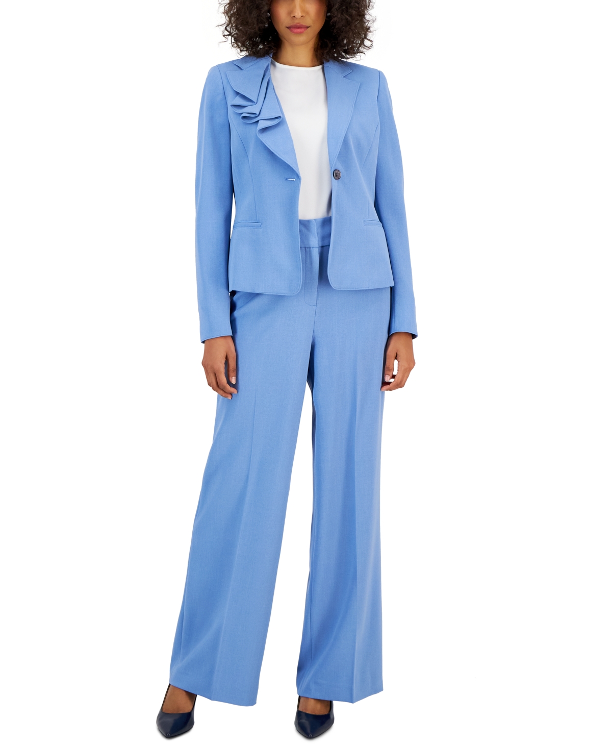 Nipon Boutique Women's Asymmetrical Ruffled One-button Jacket & Wide-leg Pant Suit In Pale Blue