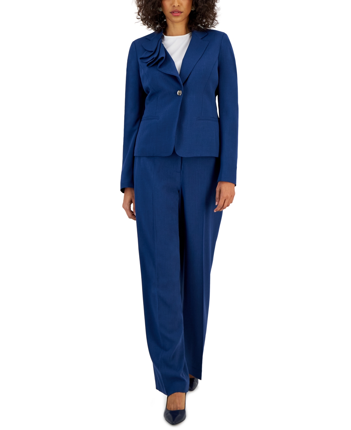 Nipon Boutique Women's Asymmetrical Ruffled One-button Jacket & Wide-leg Pant Suit In Blue Flower