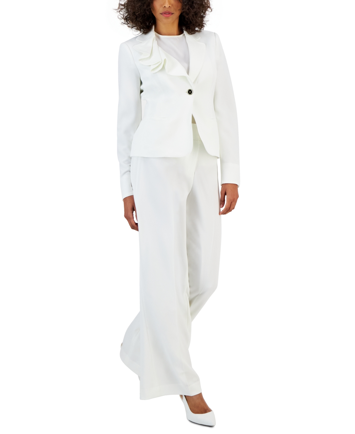 Nipon Boutique Women's Asymmetrical Ruffled One-button Jacket & Wide-leg Pant Suit In Vanilla Ice