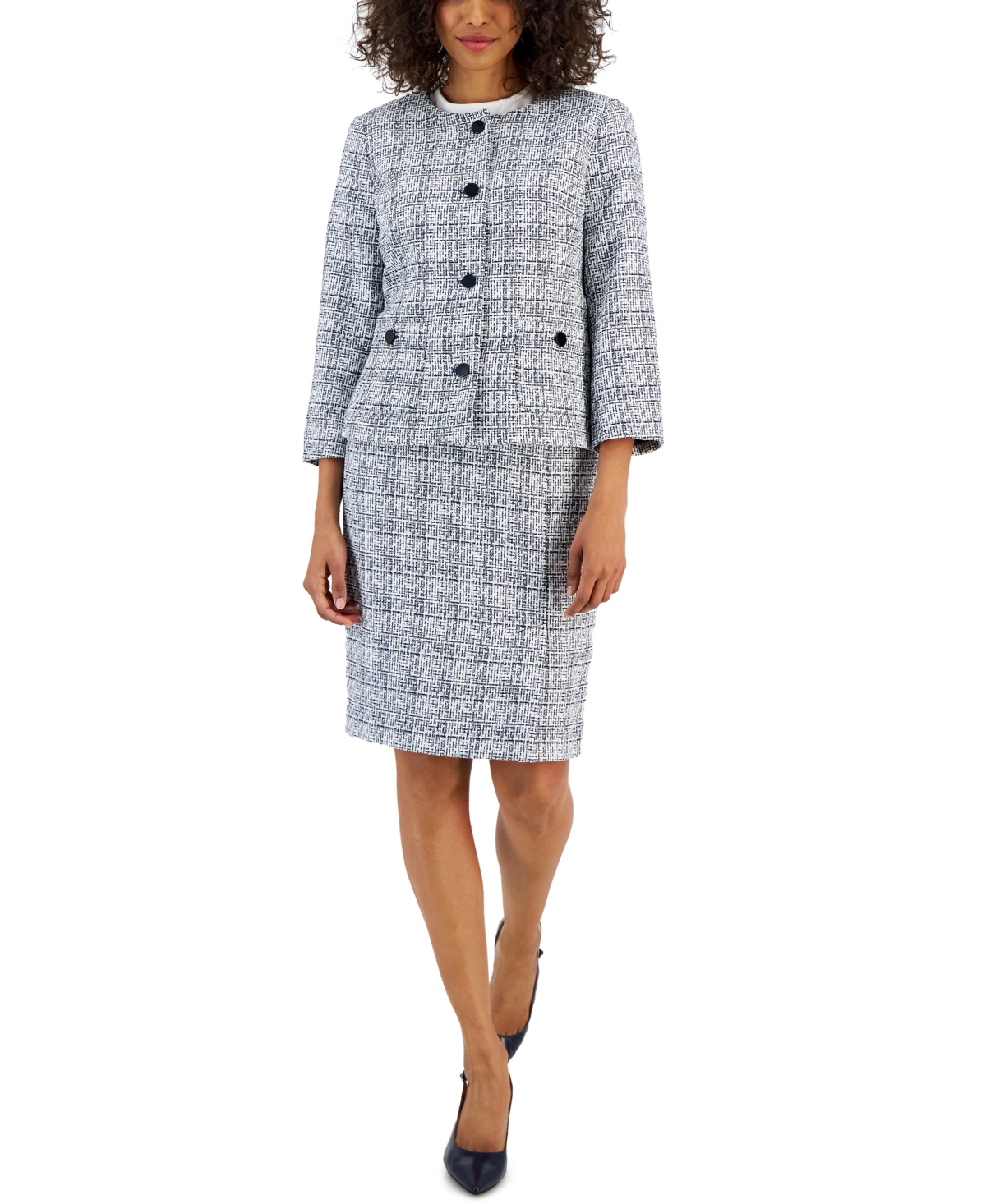 Women's Tweed Button-Front Jacket & Pencil Skirt Suit - Blue / White Combo