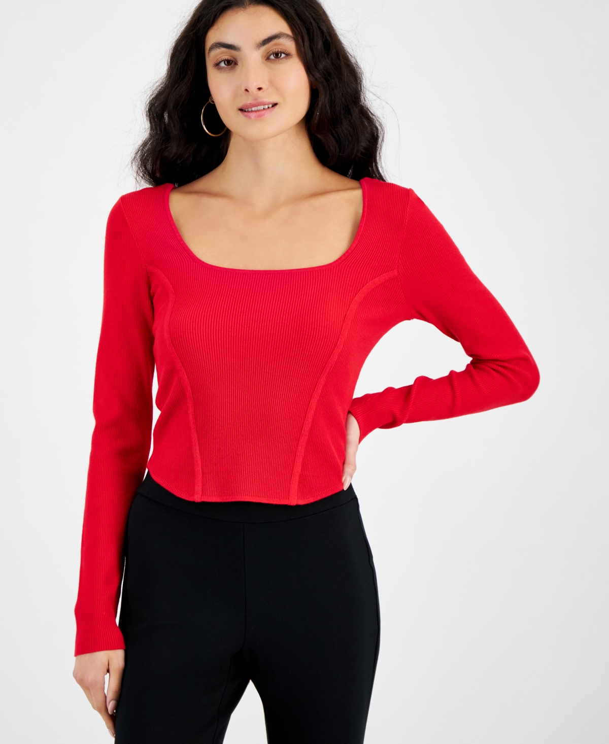 Bar Iii Women's Ribbed Square-neck Long-sleeve Sweater, Created For Macy's In Cherry Candy