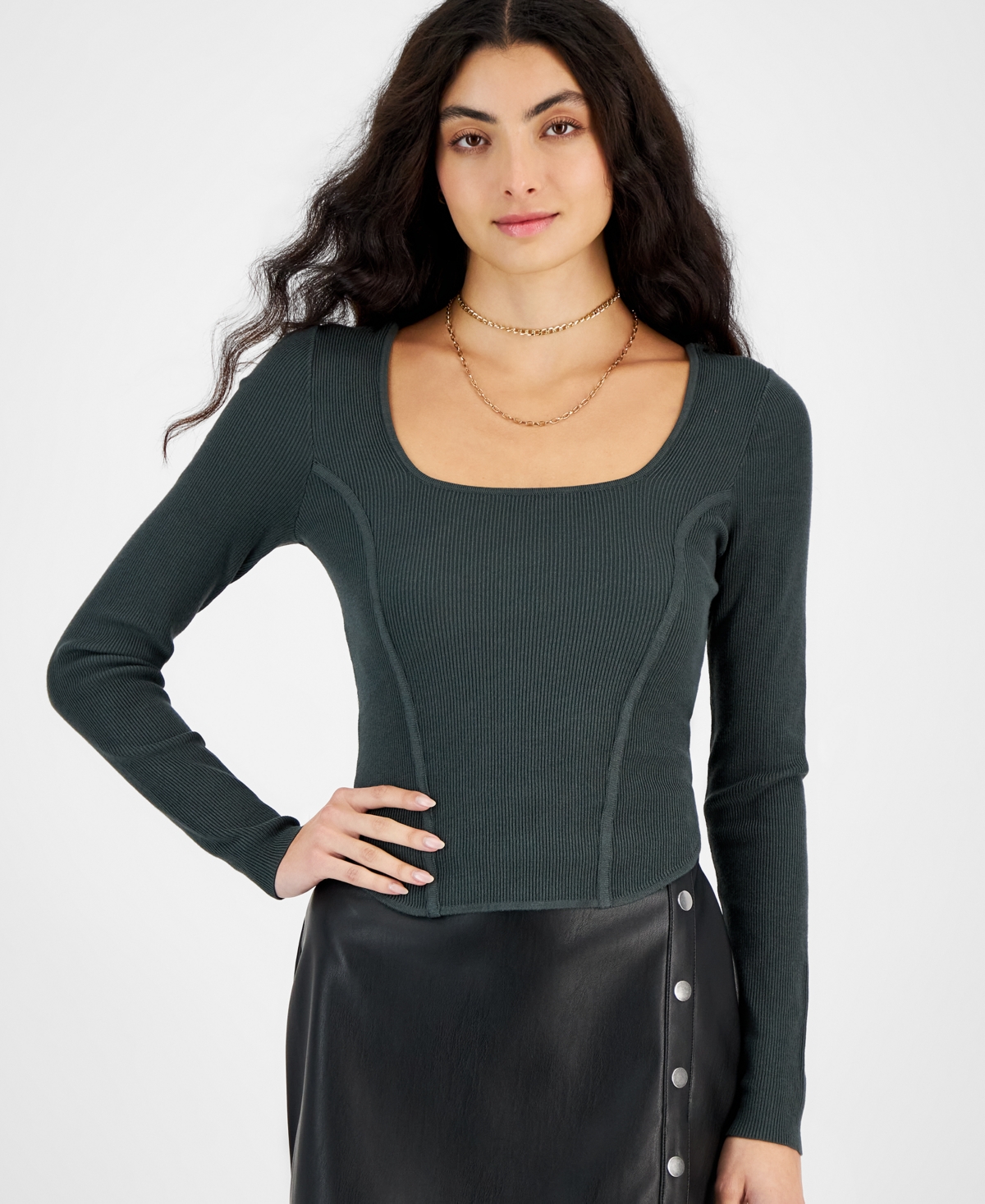 Bar Iii Women's Ribbed Square-neck Long-sleeve Sweater, Created For Macy's In Amazon Jungle