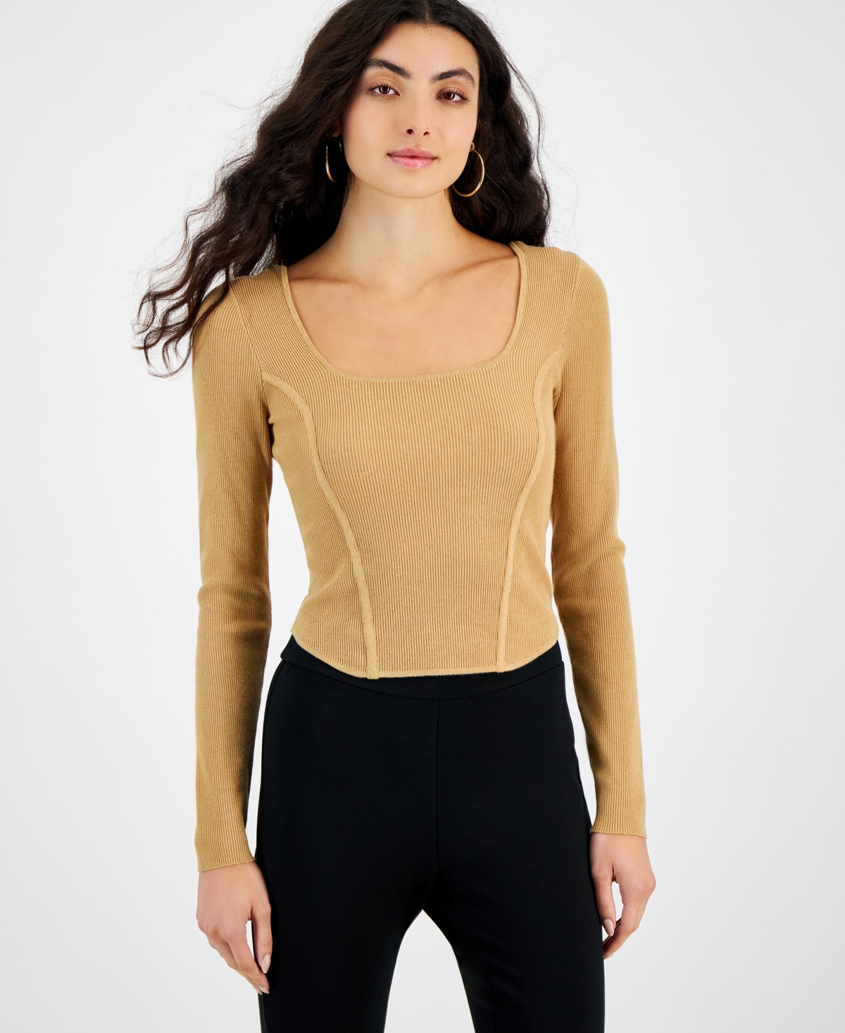 Bar Iii Women's Ribbed Square-neck Long-sleeve Sweater, Created For Macy's In Riviera Dune