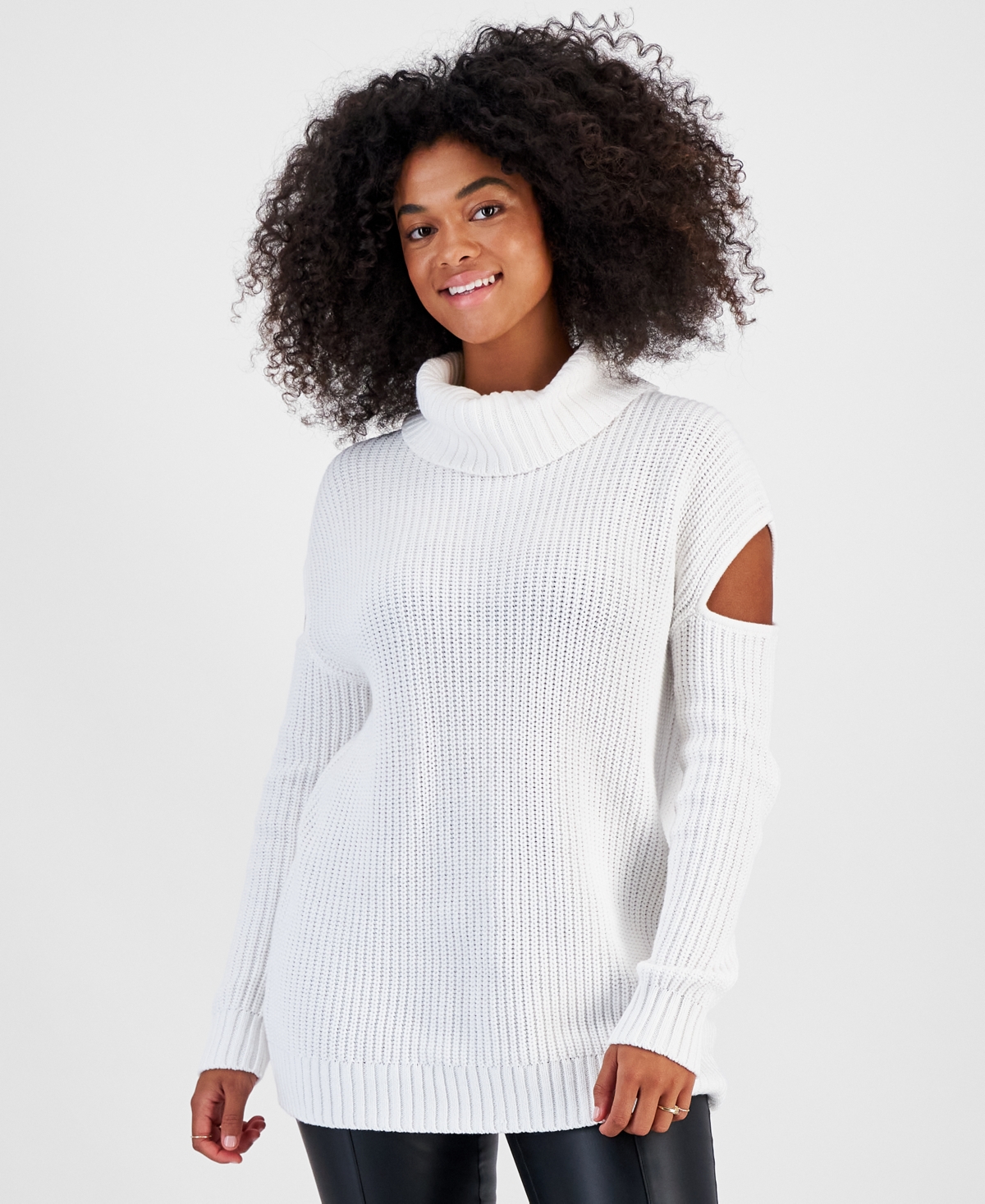 Bar Iii Women's Turtleneck Cutout Sweater, Created For Macy's In Crema