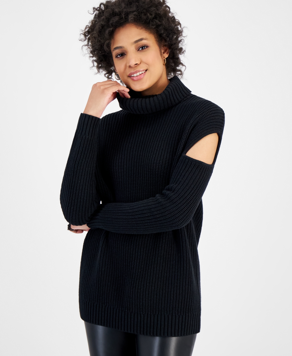Bar Iii Women's Turtleneck Cutout Sweater, Created For Macy's In Deep Black