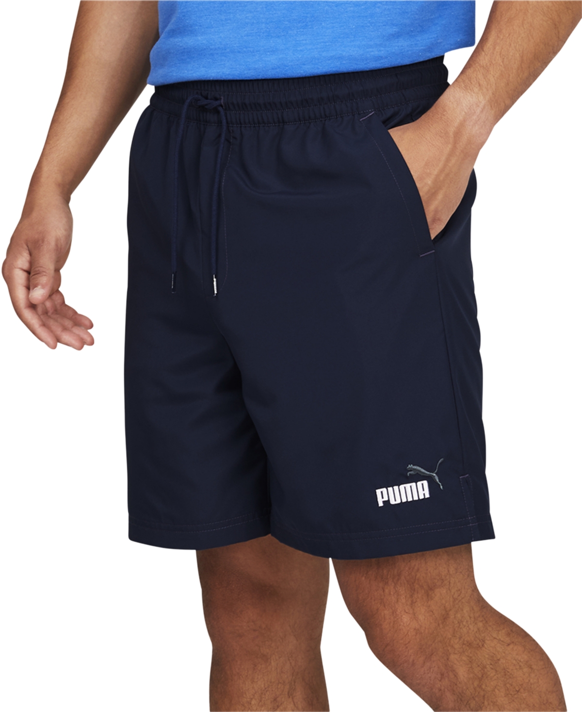 Puma Men's Essentials+ Moisture-wicking Logo Embroidered 7" Drawstring Shorts In Peacoat Navy