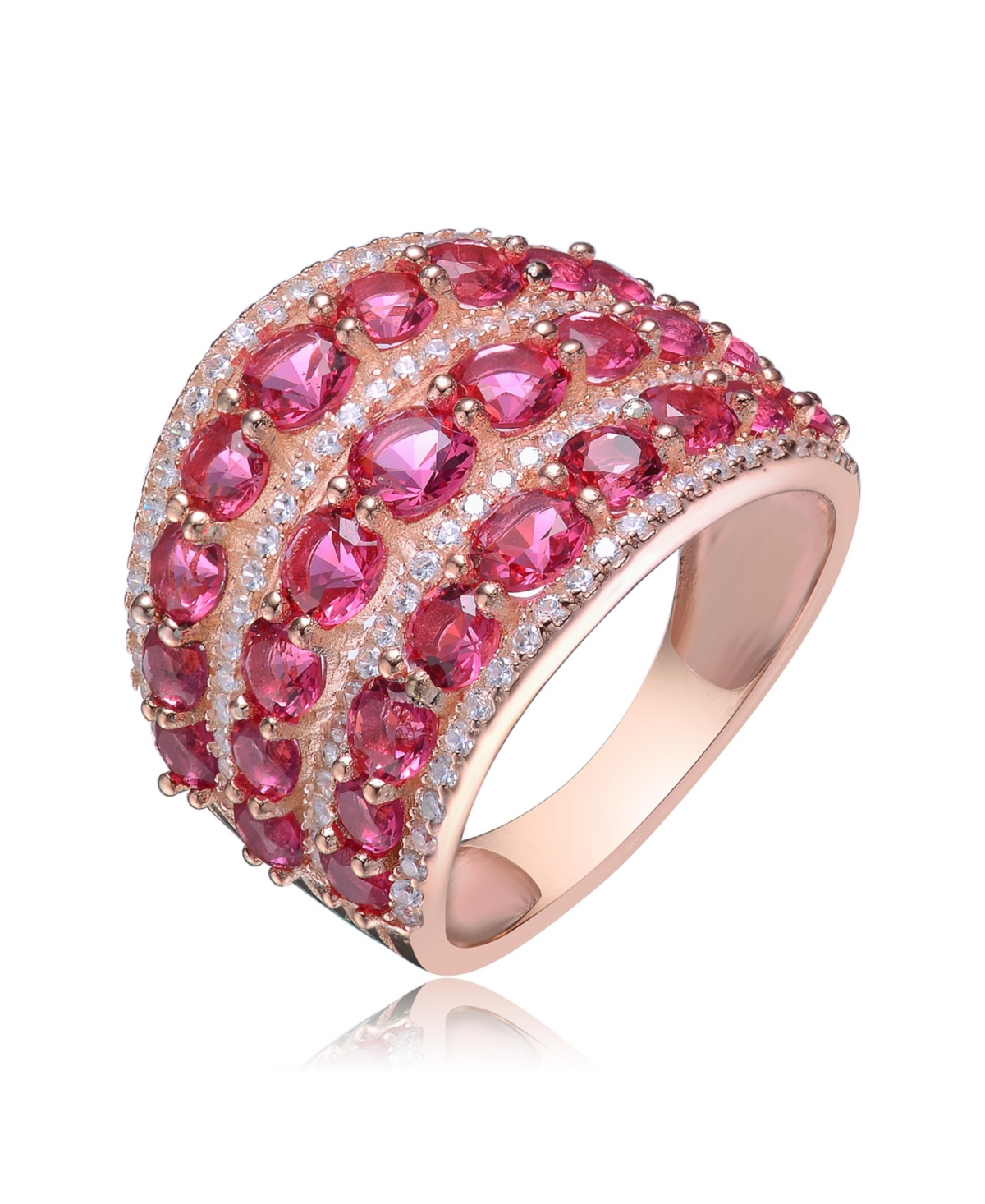 Red Round Shaped Cubic Zirconia Stone 18K Rose Gold Plated Sterling Silver Ring - Red