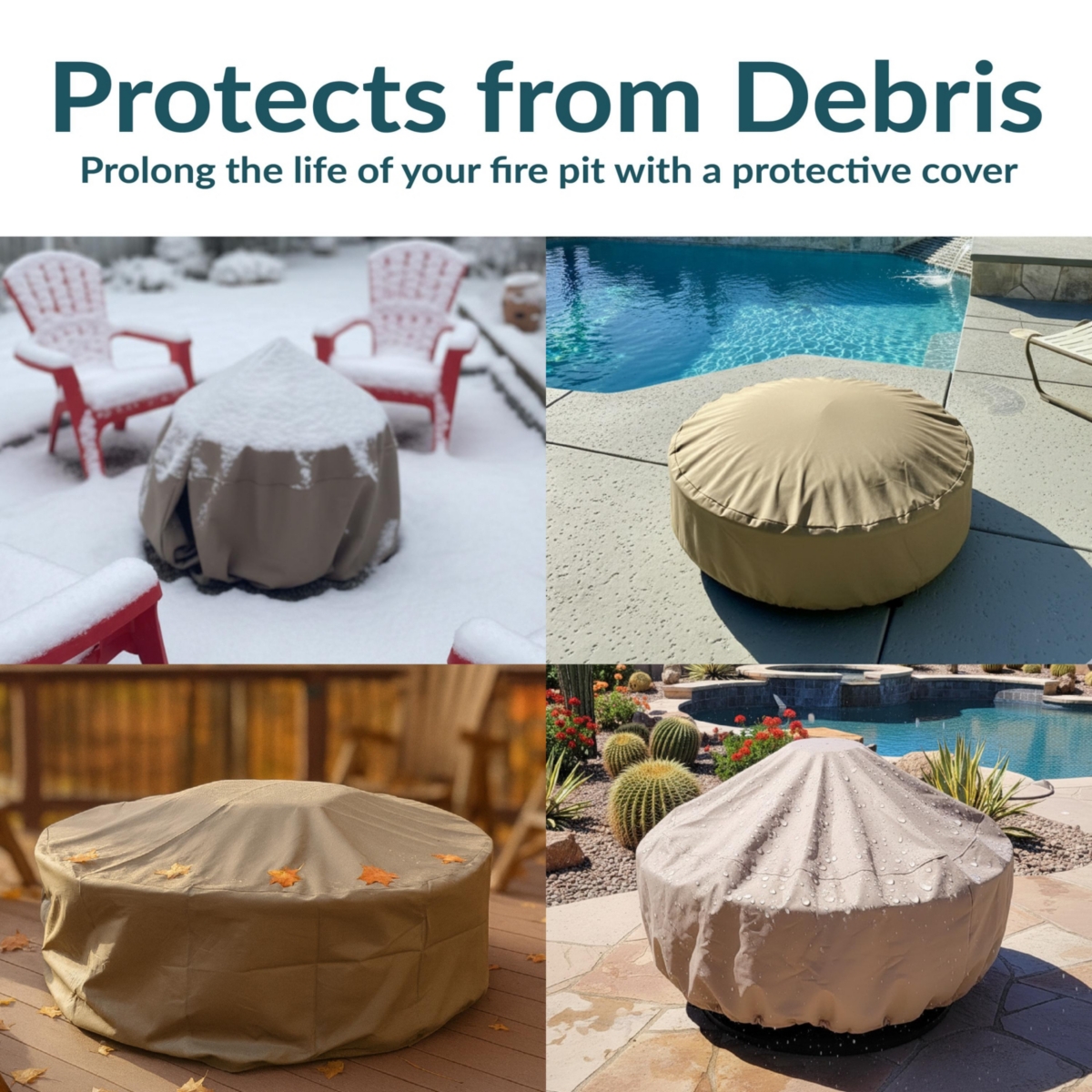 Round Outdoor Fire Pit Cover - Heavy-Duty 300D Polyester and Pvc with Drawstring Closure - Khaki