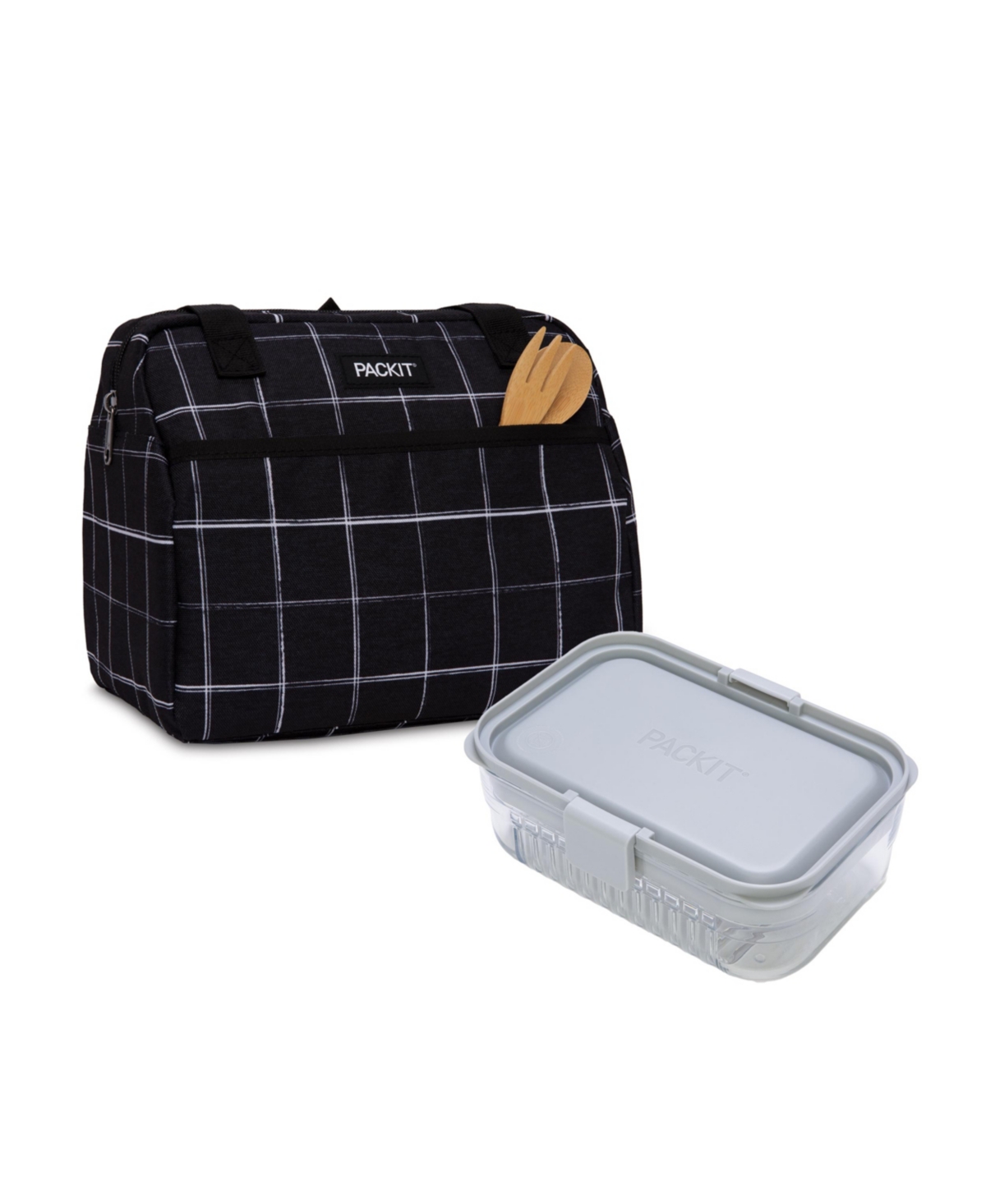 Pack It Freezable Hampton Lunch Bag And Mod Lunch Bento Set, 5 Piece In Black Grid And Steel Gray