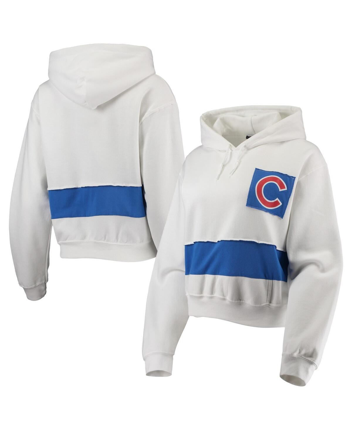 REFRIED APPAREL WOMEN'S REFRIED APPAREL WHITE AND ROYAL CHICAGO CUBS CROPPED PULLOVER HOODIE