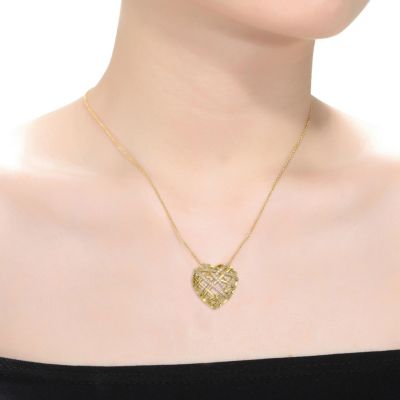 Sterling Silver 14k Yellow Gold Plated with Cubic Zirconia Knotted Ribbon 3D Puffed Heart Pendant Necklace