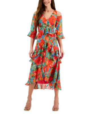 Tahari ASL - Women's Floral-Print Cold-Shoulder Midi Dress