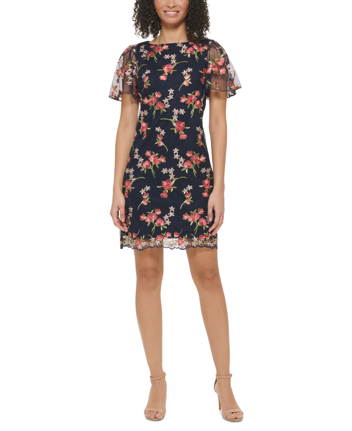 JESSICA HOWARD PETITE EMBROIDERED-MESH SHORT-SLEEVE SHEATH DRESS